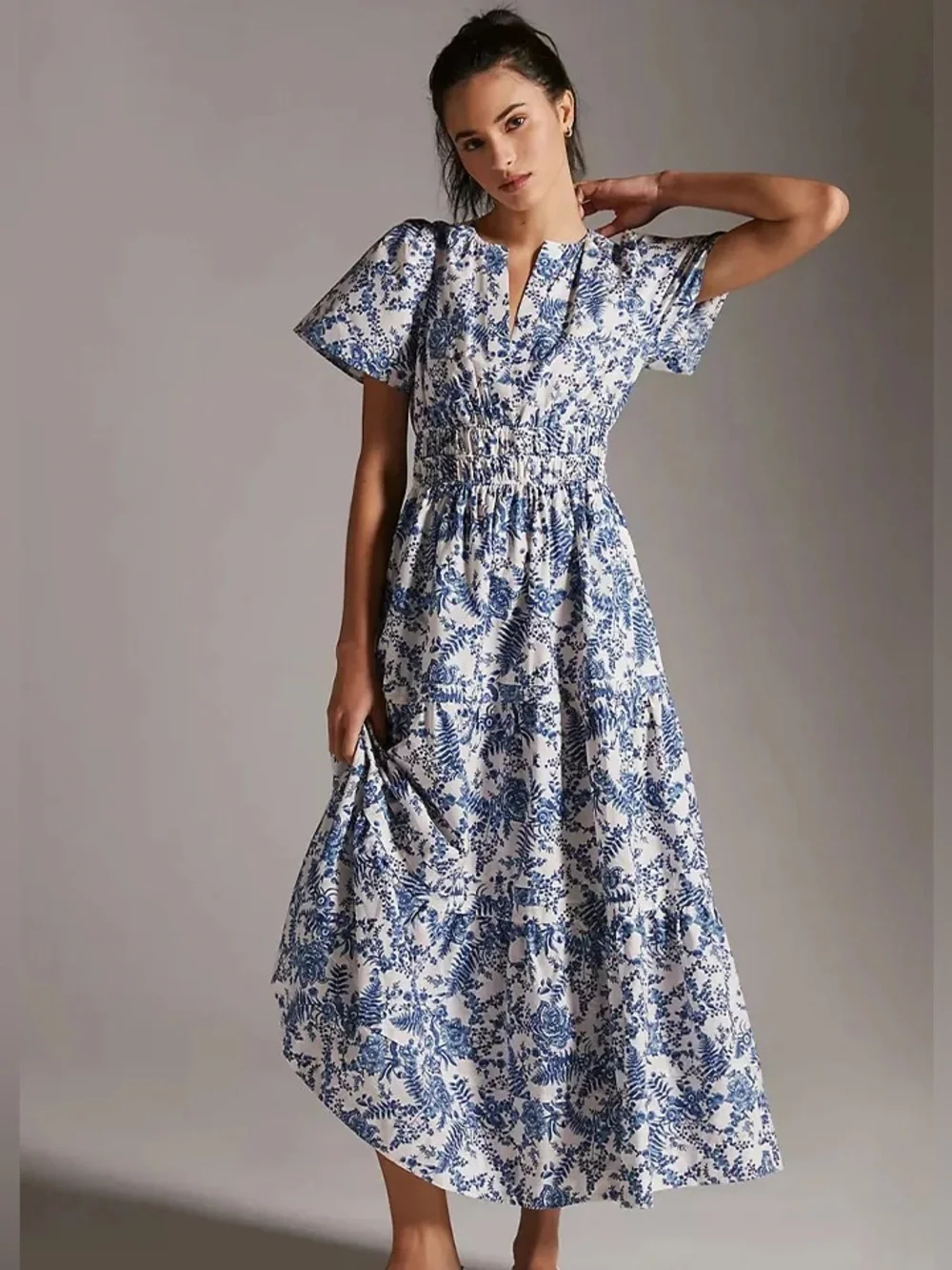 blue and white anthropologie dress Celandine Lace-Up Open-Back Dress